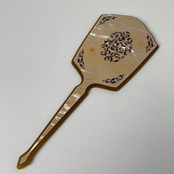 Vanity Mirror 13” Long Yellow Cream Black Celluloid Art Deco - Picture 10 of 10